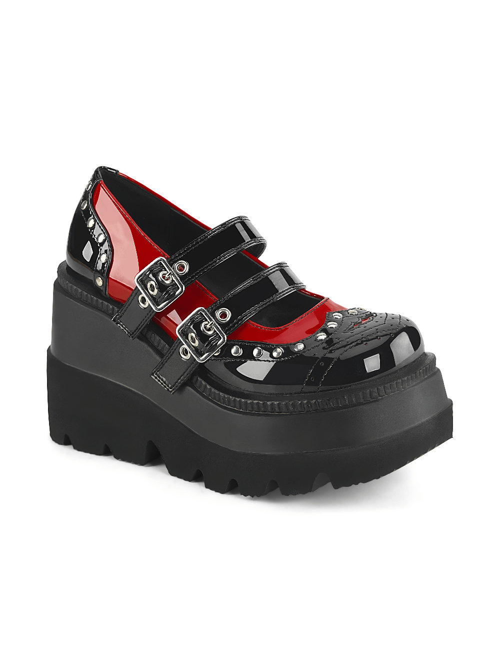 DEMONIA Black and Red Lolita Shoes with Studded Details