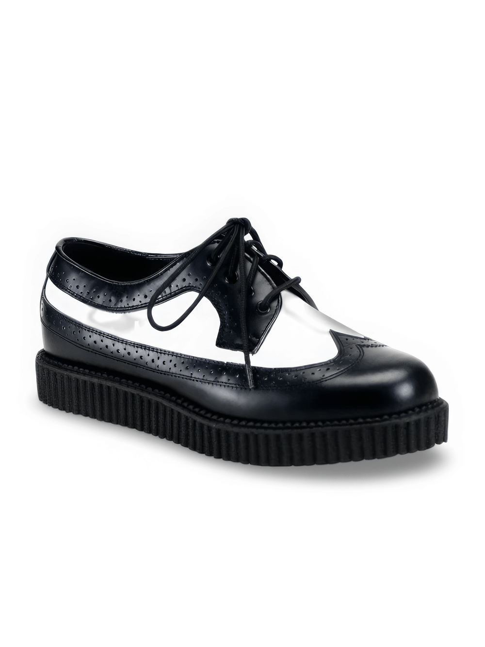 Demonia black and white rockabilly punk creepers with platform, perfect for edgy, stylish looks.