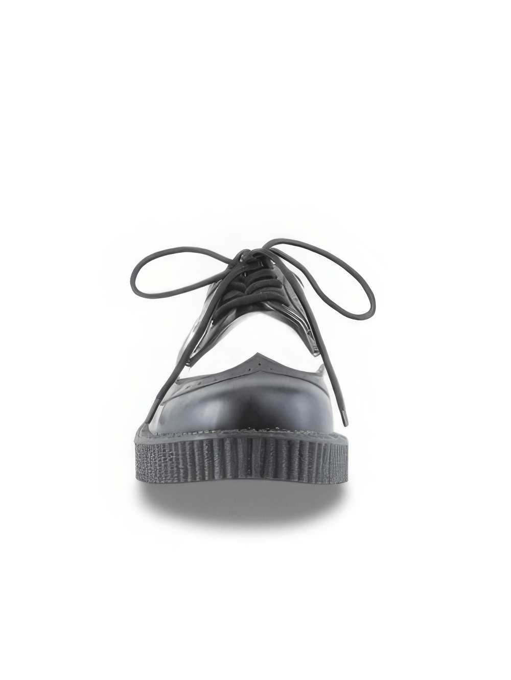 Front view of DEMONIA Black and White Platform Creepers, showcasing lace-up design and stylish punk rock aesthetic.