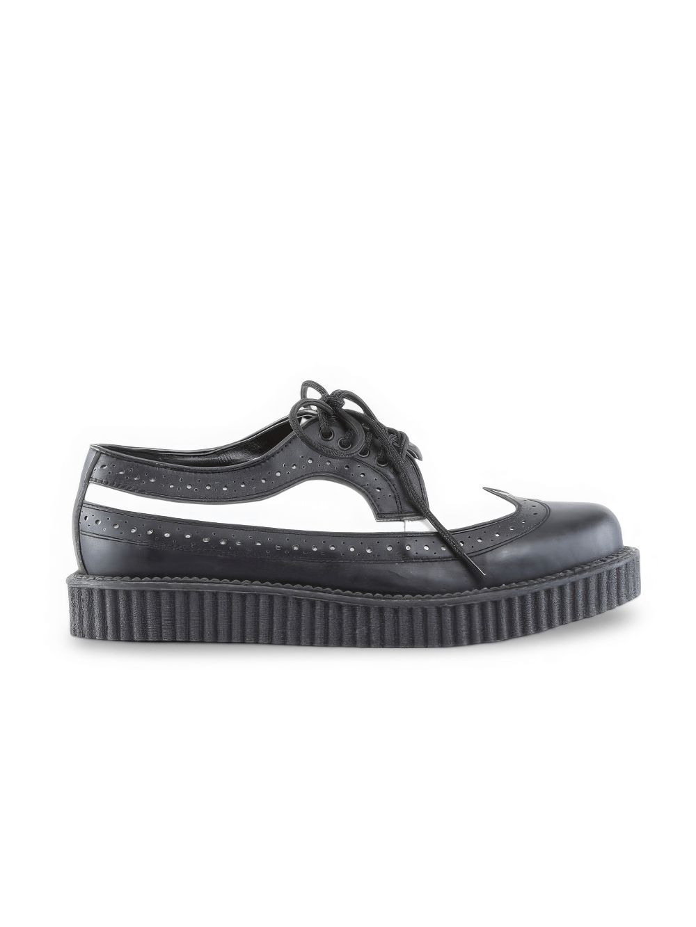 Black and white Demonia Rockabilly punk creepers with platform sole, perfect for stylish individuals.