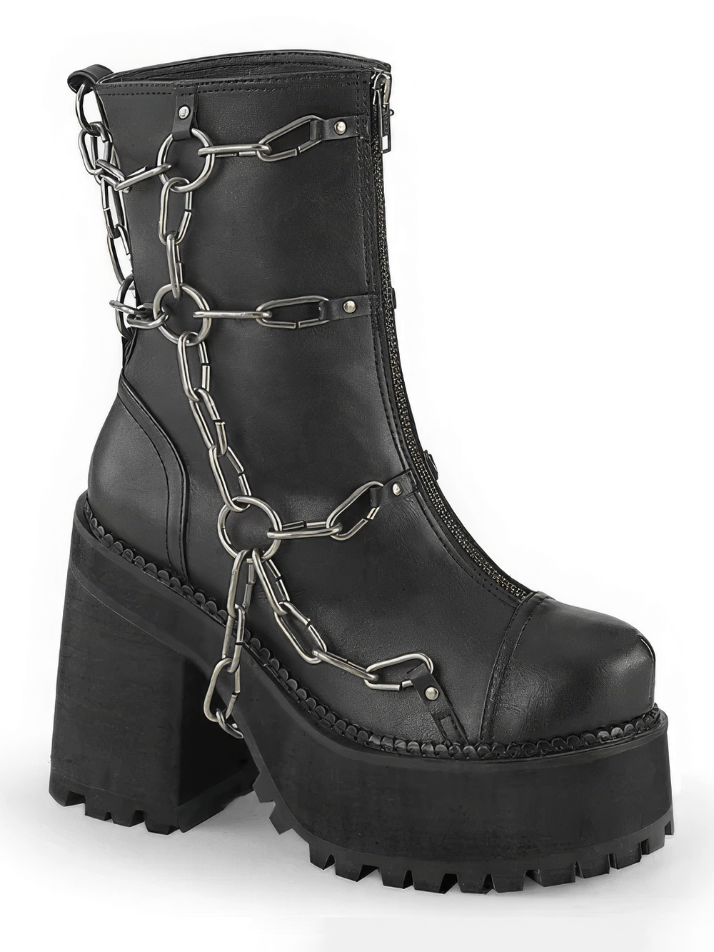DEMONIA Black Ankle Boots with Metal Chain Details