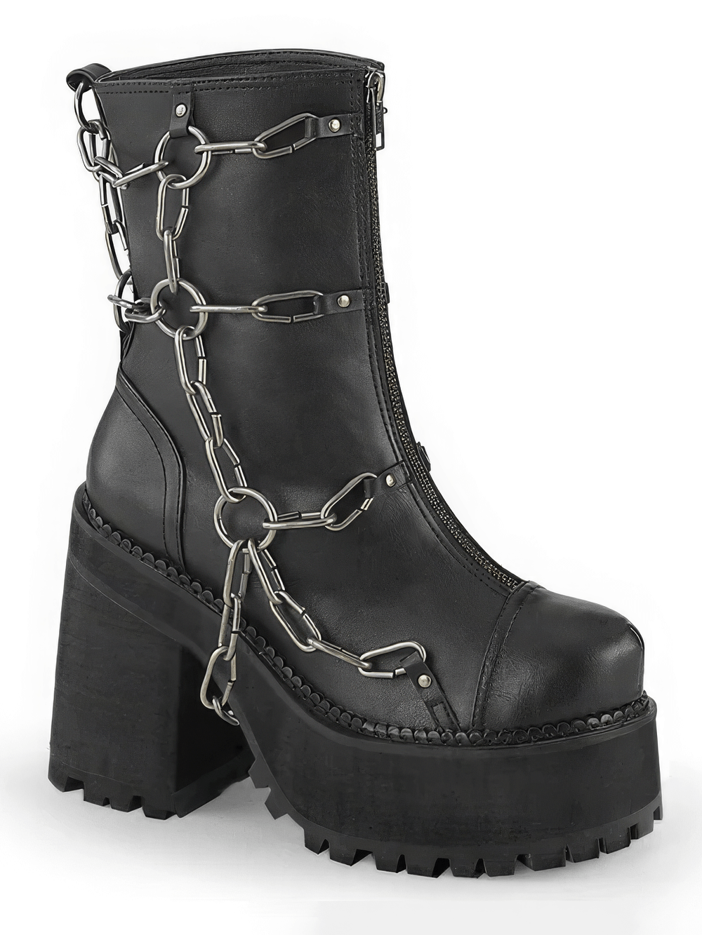 Demonia black ankle boots with metal chain details and bold block heel, perfect for a striking fashion statement.