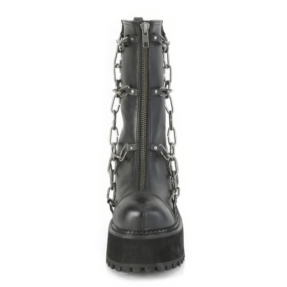 DEMONIA Black Ankle Boots with Metal Chain Details