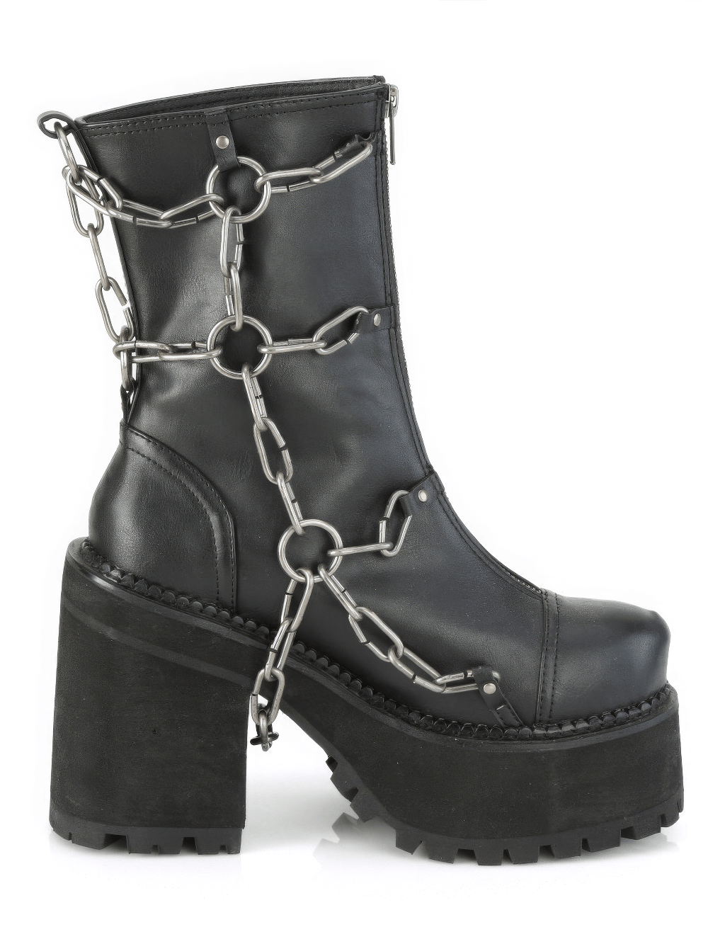 Demonia black ankle boots with bold block heel and metal chain details, perfect for edgy fashion statements.