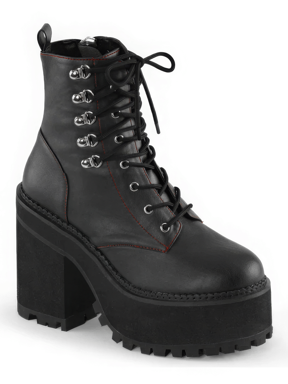 Daring Demonia black block heel ankle boots with red stitching, featuring a cleated platform and double D-ring laces.