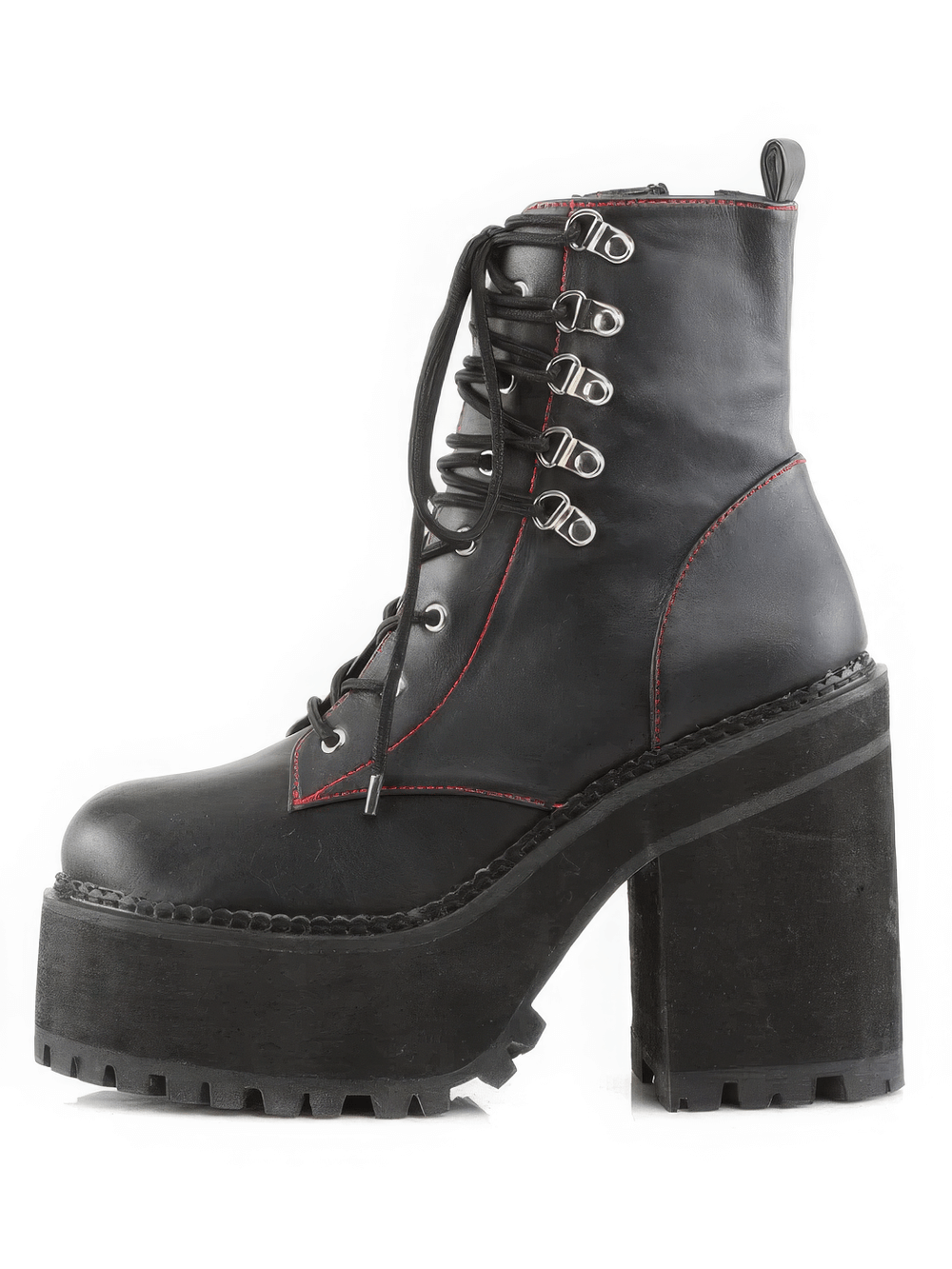 DEMONIA Black Block Heel Ankle Boots with Red Stitch