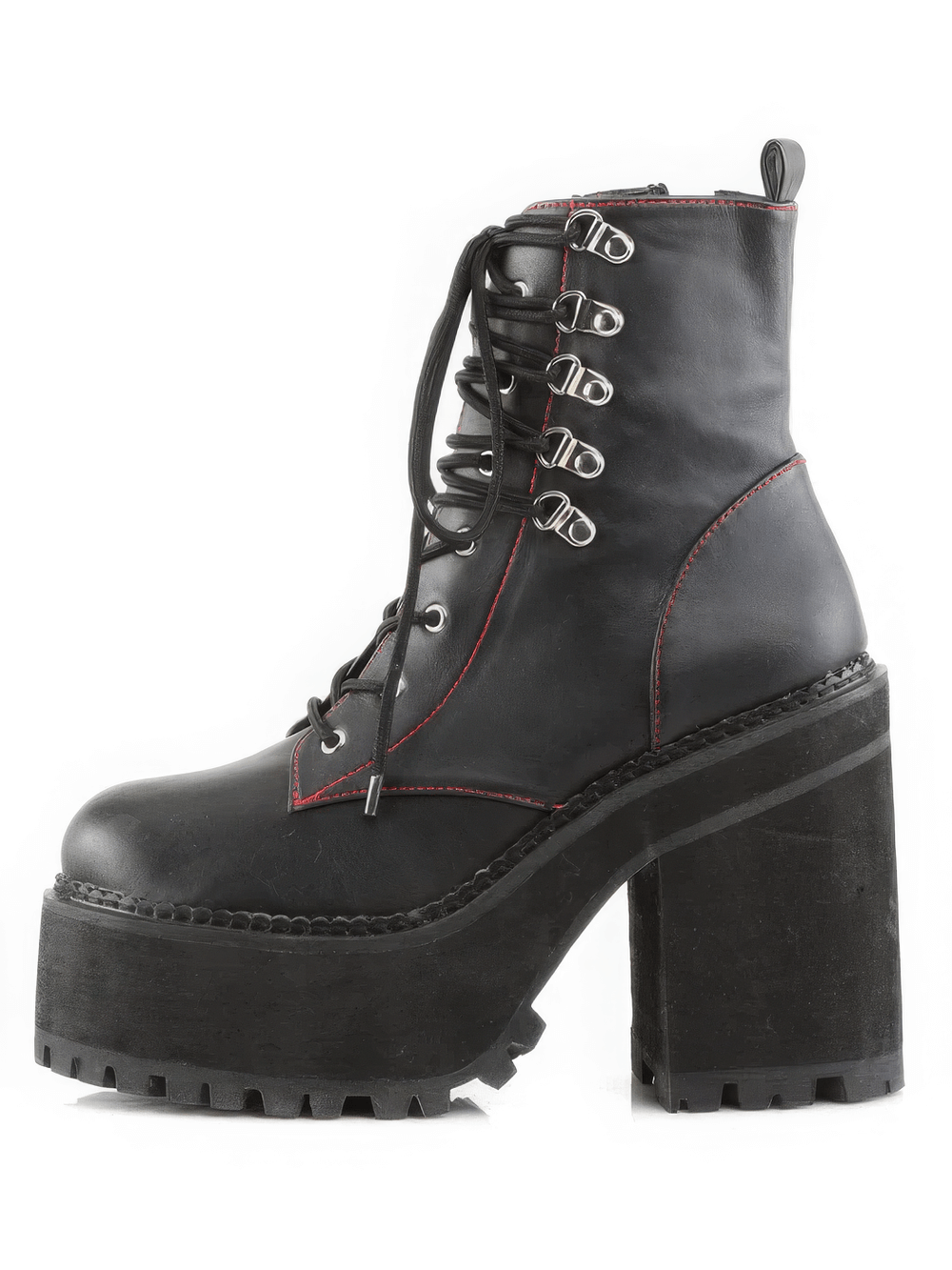 Daring Demonia black block heel ankle boots with red stitching and cleated platform, featuring double D-ring laces.