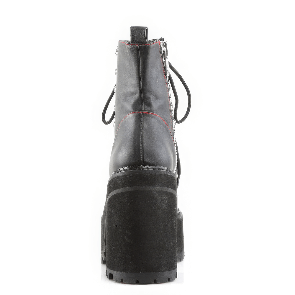 Black block heel ankle boots with red stitching and cleated platform, showcasing a stylish rear view.
