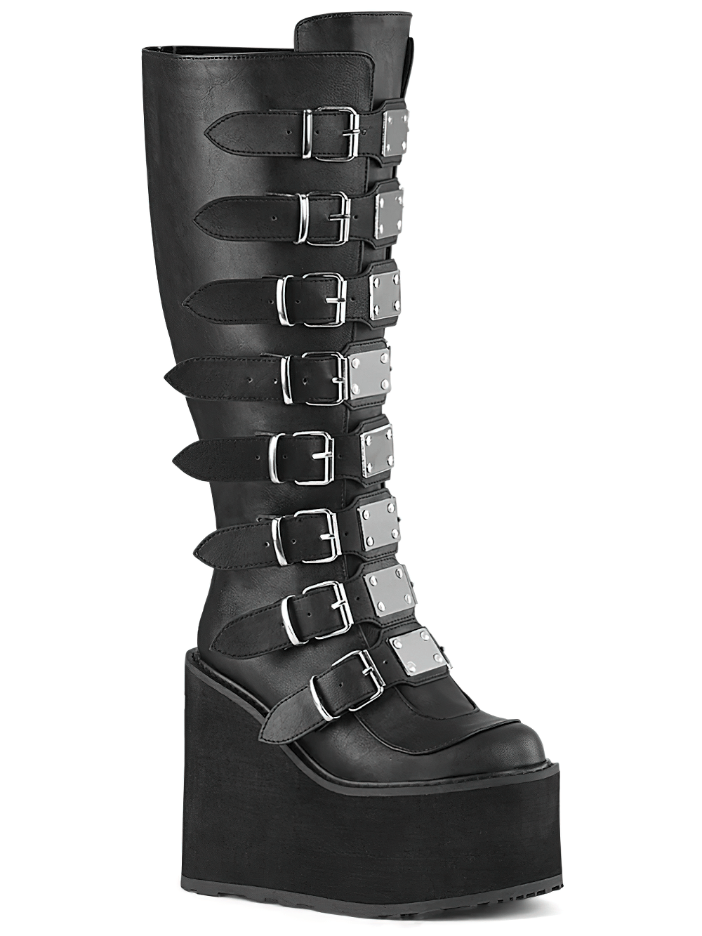 Demonia black buckled knee-high platform boots with metal plates and 5.5-inch platform, crafted from vegan leather.