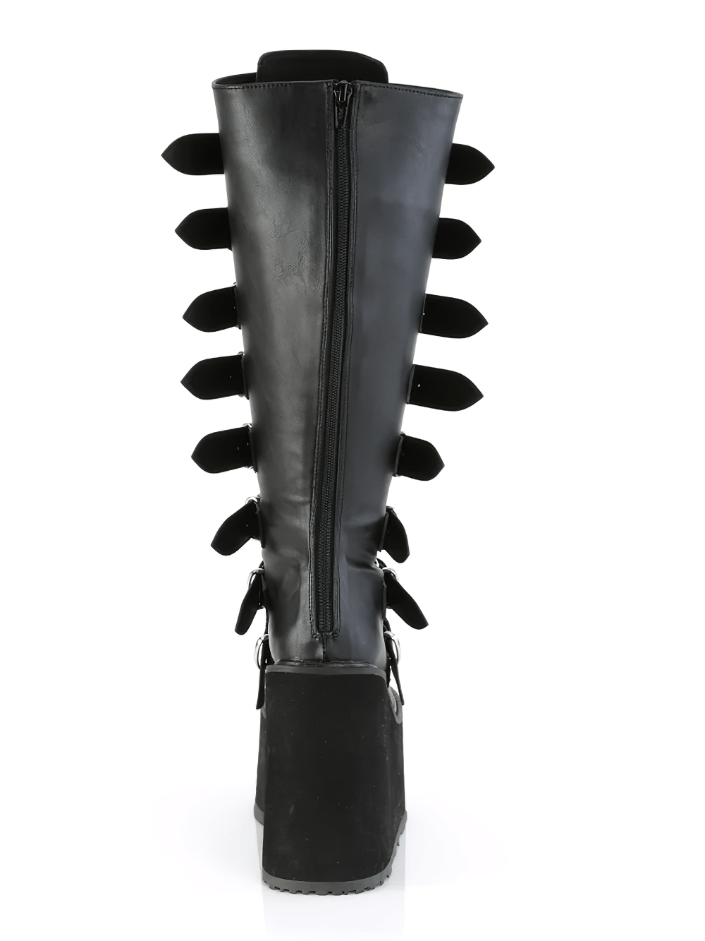 Back view of DEMONIA black buckled knee-high platform boots with zip and buckle straps.