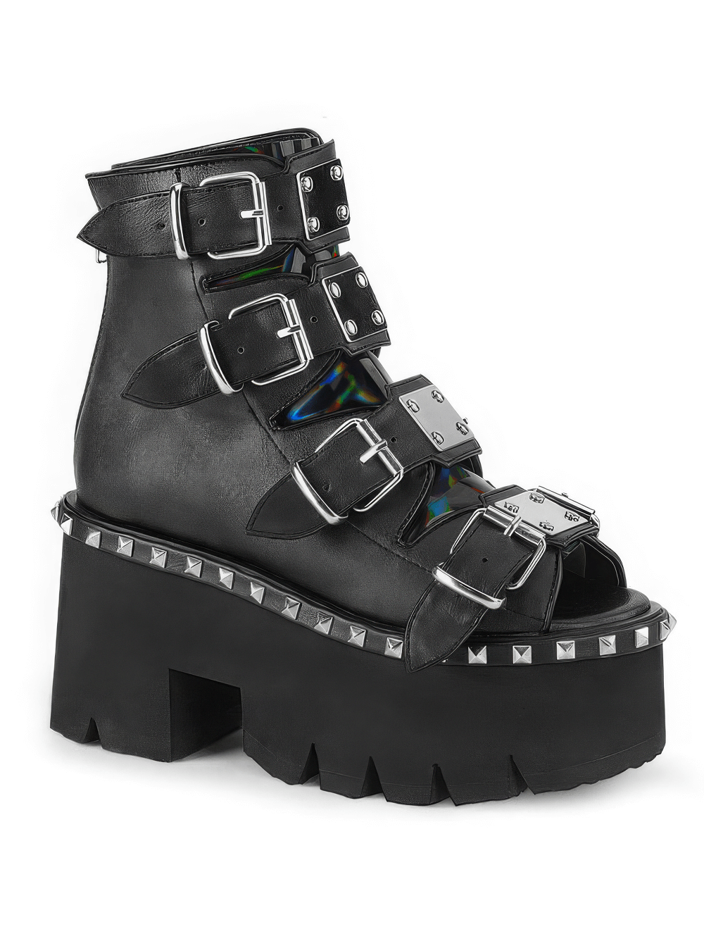 Demonia black chunky heel bootie sandals with four buckle straps and hologram accents, featuring metal studs and platform.