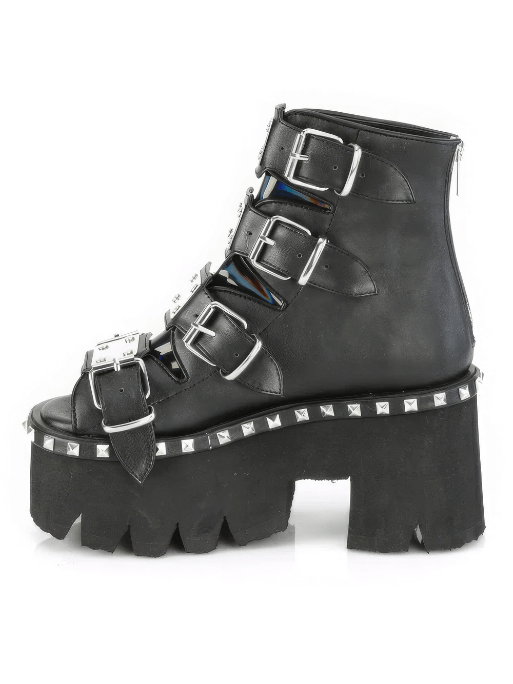 Demonia black chunky heel bootie sandals with buckles and hologram details, perfect for edgy fashion lovers.