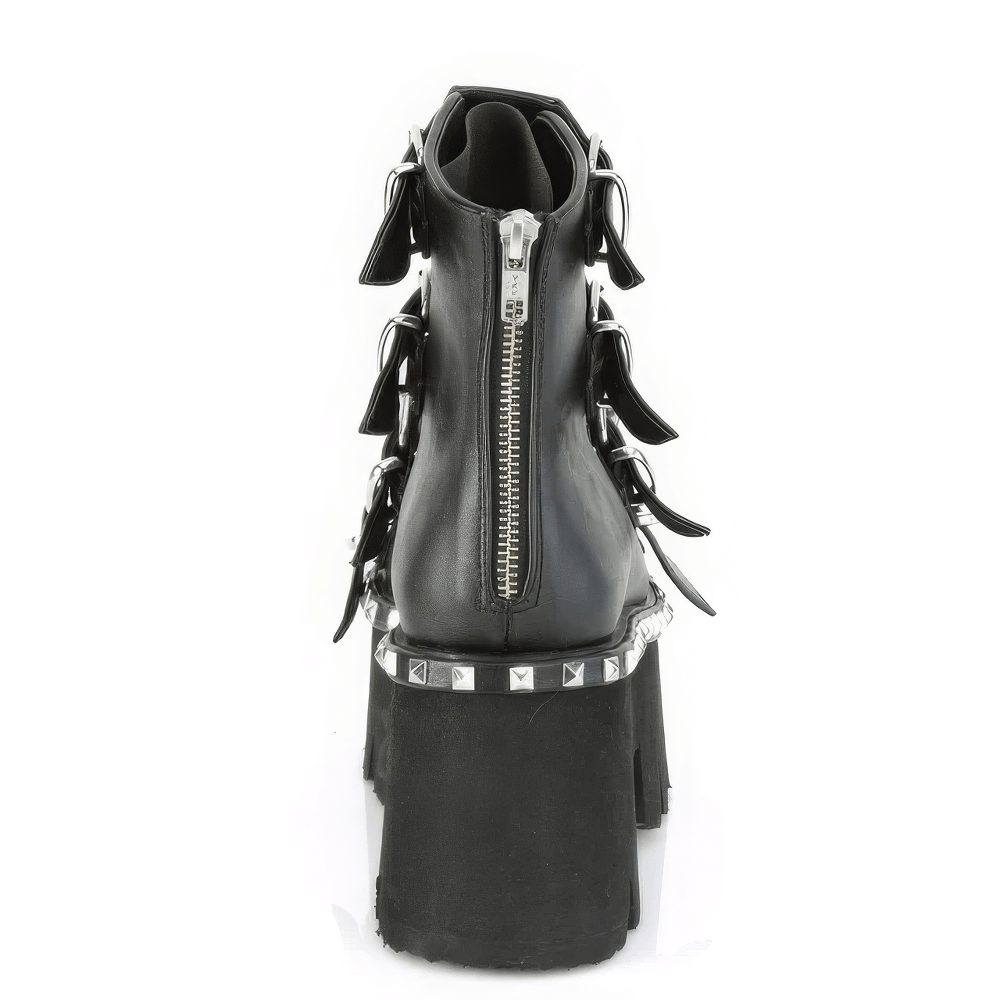 Back view of DEMONIA black chunky heel bootie sandals with buckle straps and metal zip closure.
