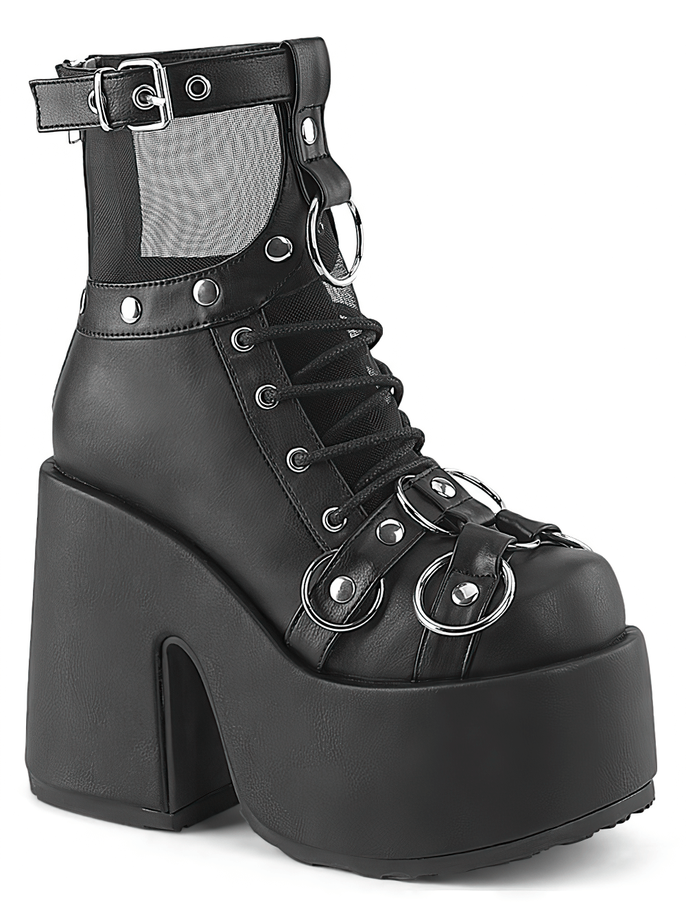 DEMONIA Black Chunky Heel Lace-Up Ankle Boots with O-Rings