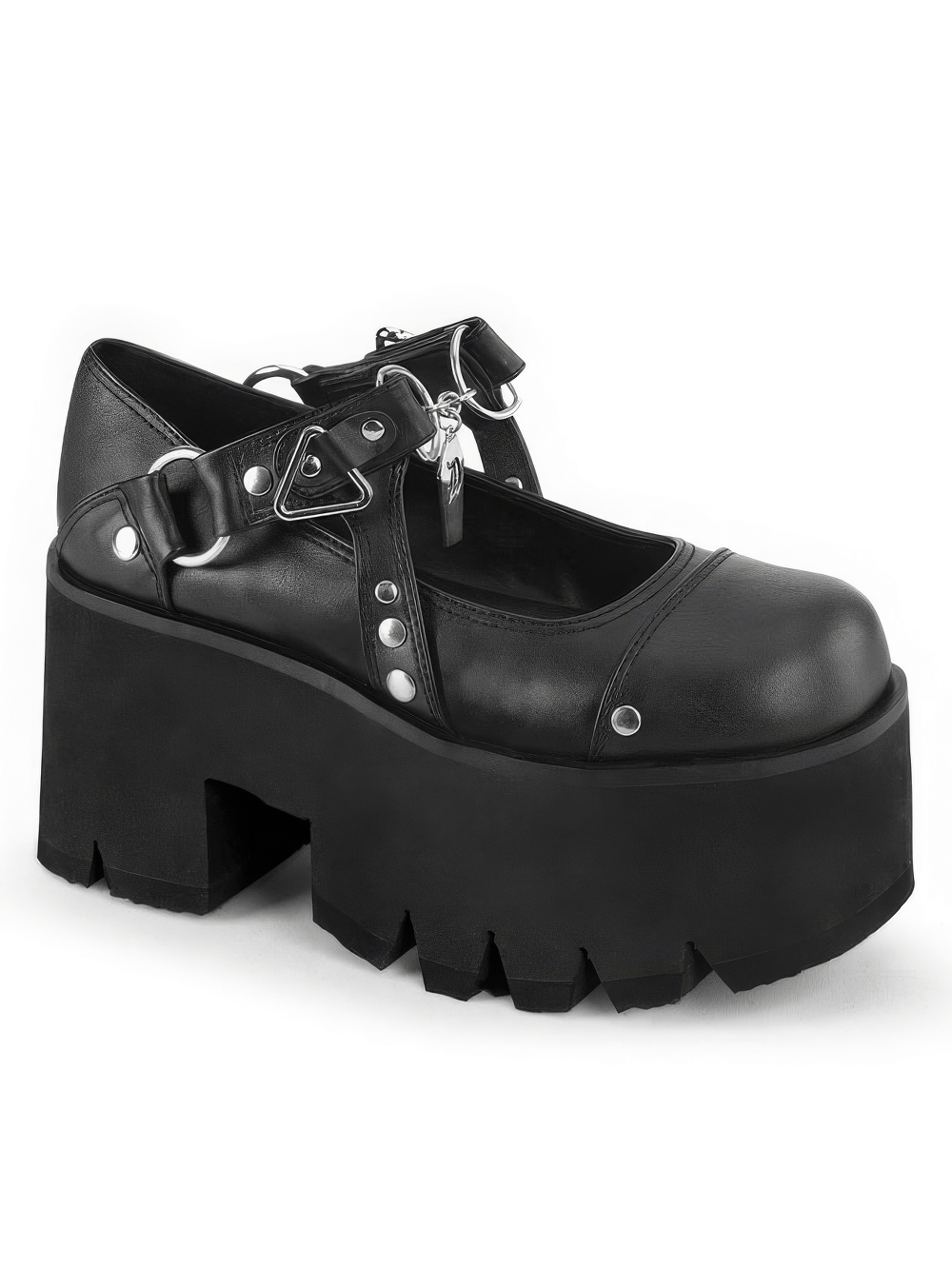 DEMONIA Black Chunky Heel Platform Boots with Metal Accents