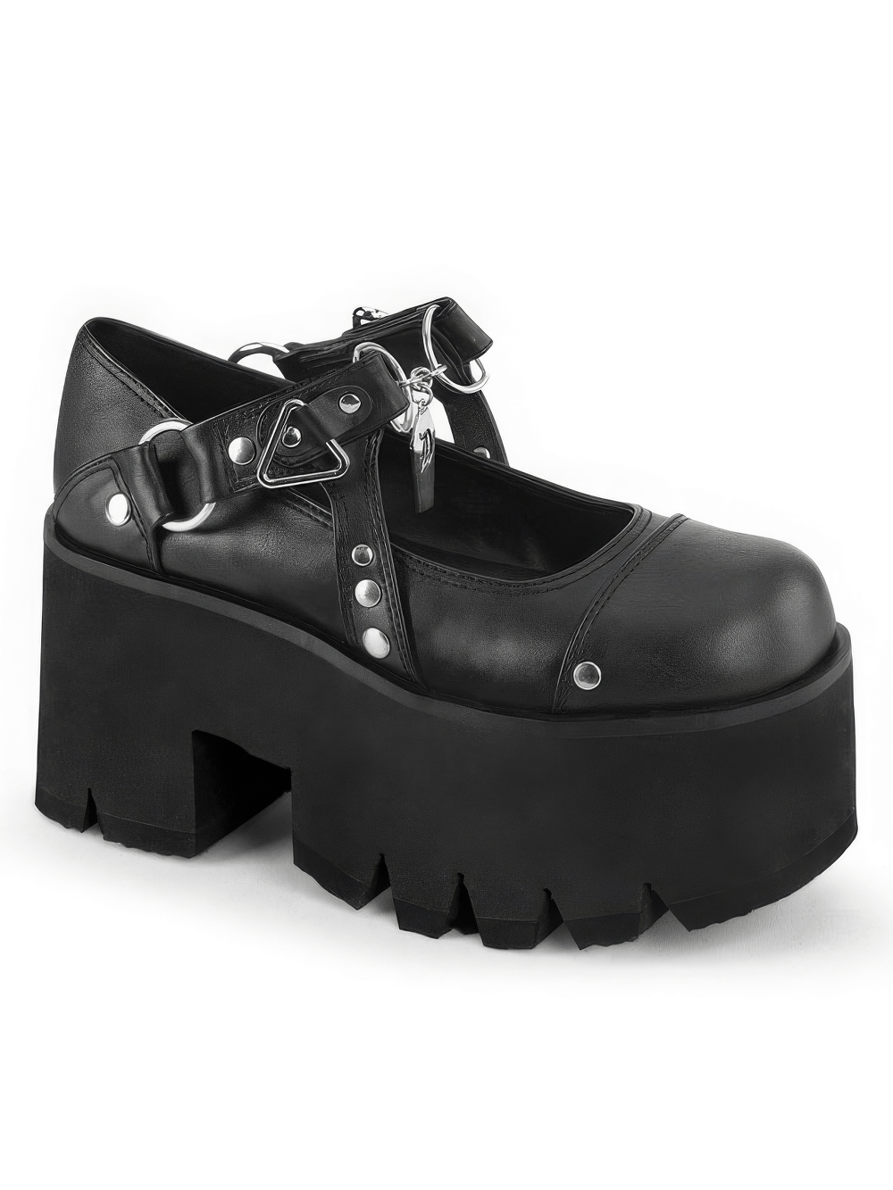 Demonia black chunky heel platform boots with metal accents and stud embellishments.