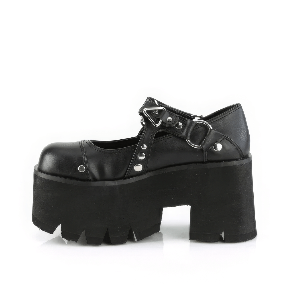 Demonia black chunky heel platform boots with metal accents and cut-out design, perfect for bold and gothic style.