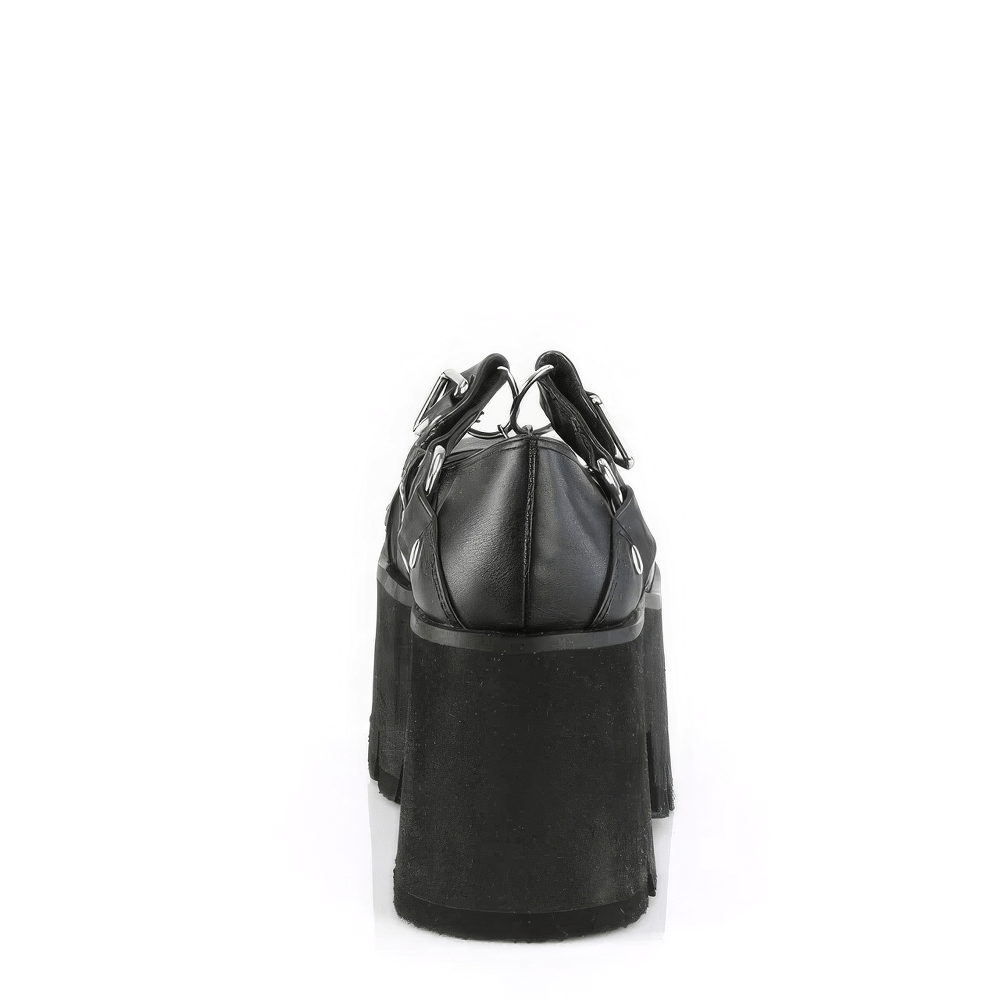 Black chunky heel platform boots with metal accents, showcasing a stylish back view.