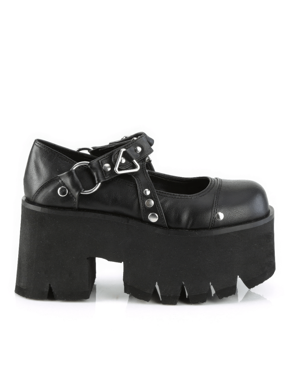 Demonia black chunky heel platform boots with metal accents, featuring stud embellishments and a unique design.