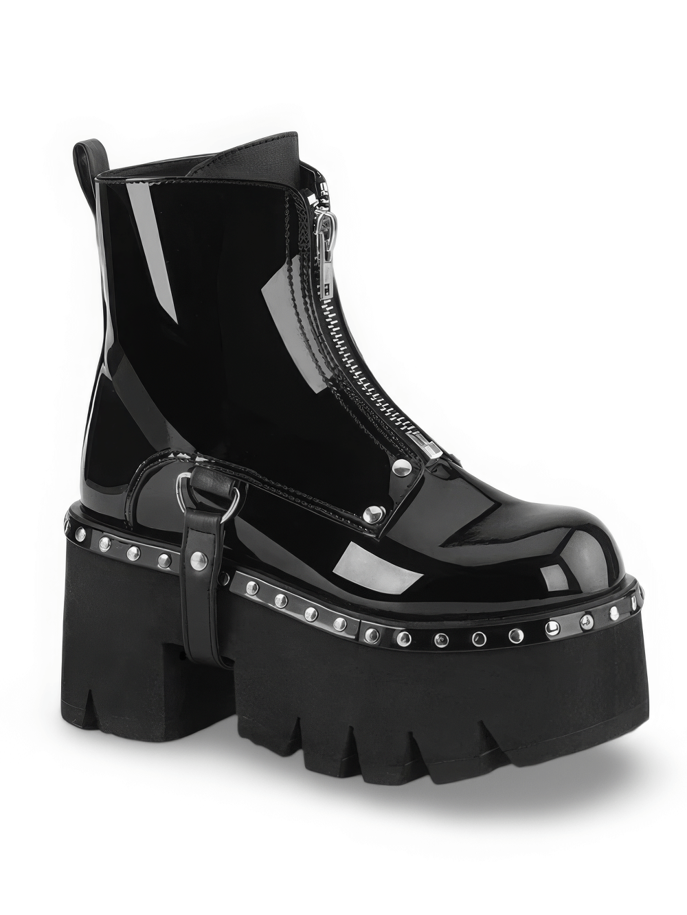 Demonia black chunky heel platform ankle boots with metal zip and silver stud embellishments.