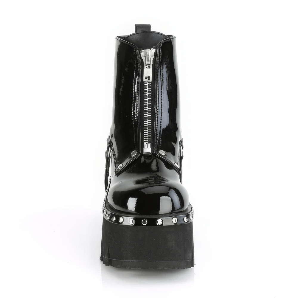 Front view of DEMONIA black chunky heel platform boots with metal zip and silver stud embellishments.