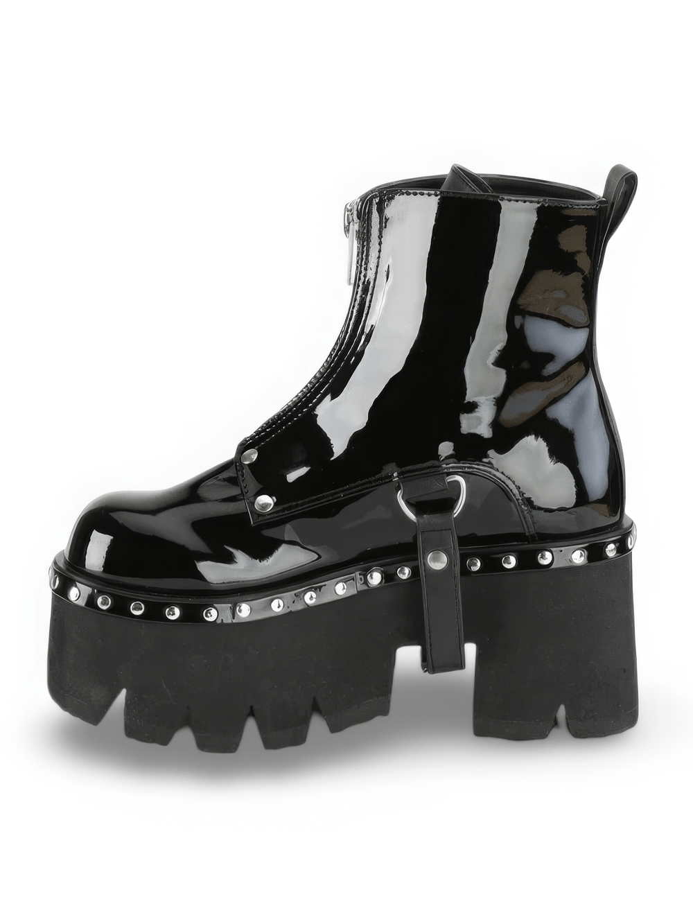 Demonia black chunky heel platform boots with metal zip and silver studs, stylish ankle boots for an edgy look.