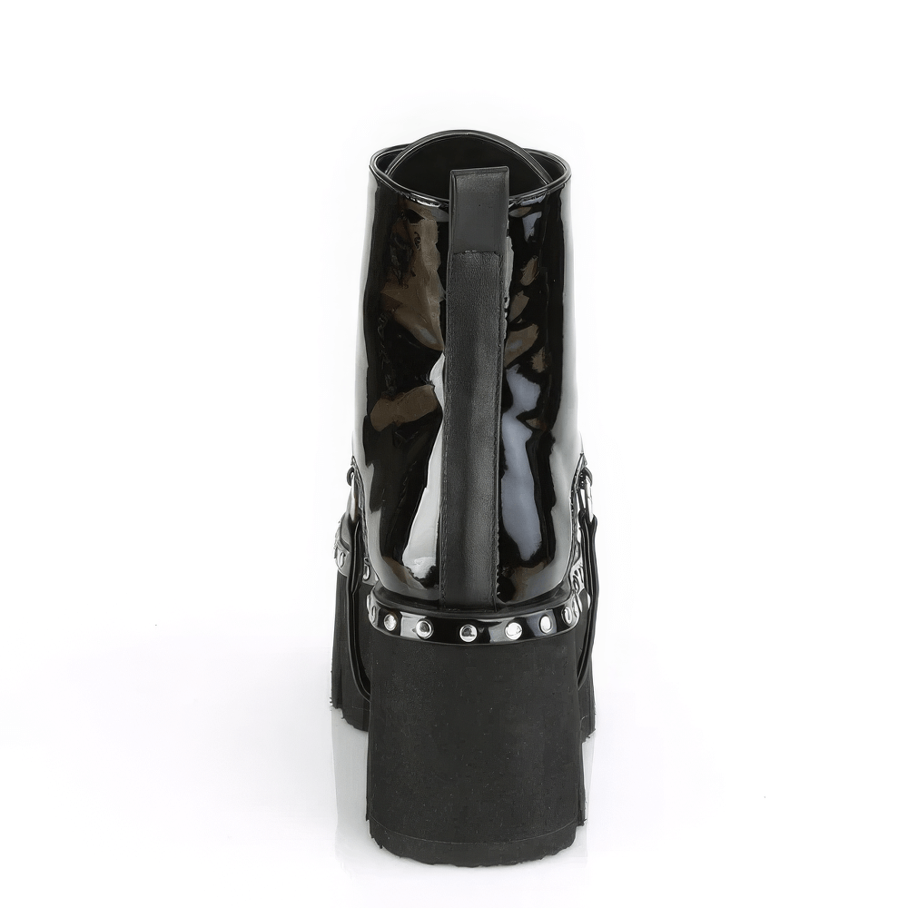Back view of Demonia black chunky heel platform ankle boots with harness straps and silver studs.