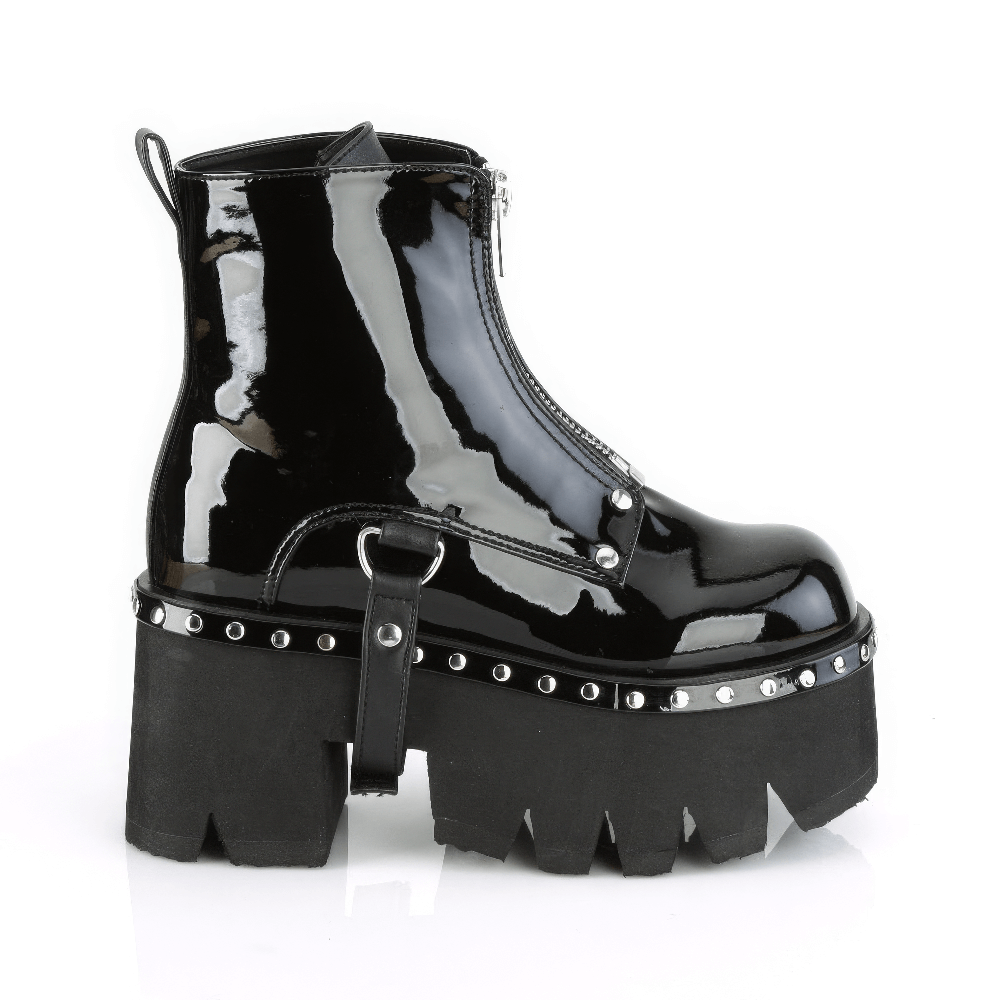 Demonia black chunky heel platform boots with metal zip and silver studs, stylish and edgy ankle boots for bold fashion.