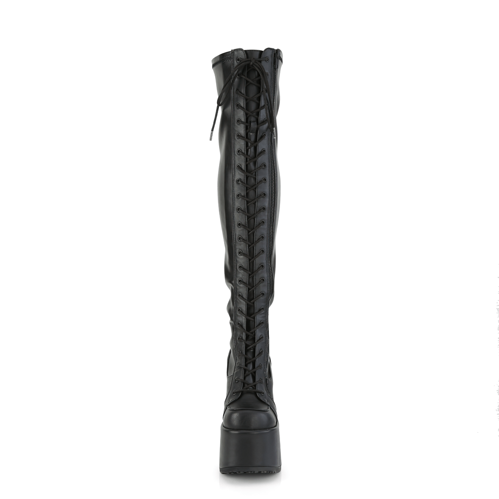 Demonia sleek black thigh-high lace-up platform boots with chunky heels and outside zipper.