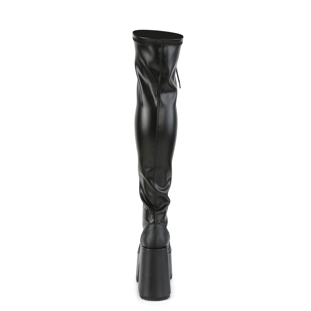 Rear view of Demonia black thigh-high lace-up platform boots with chunky heel and sleek vegan leather finish.