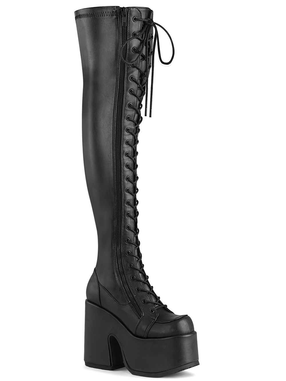 Sleek black chunky heel thigh-high lace-up platform boots with a full-length zipper.