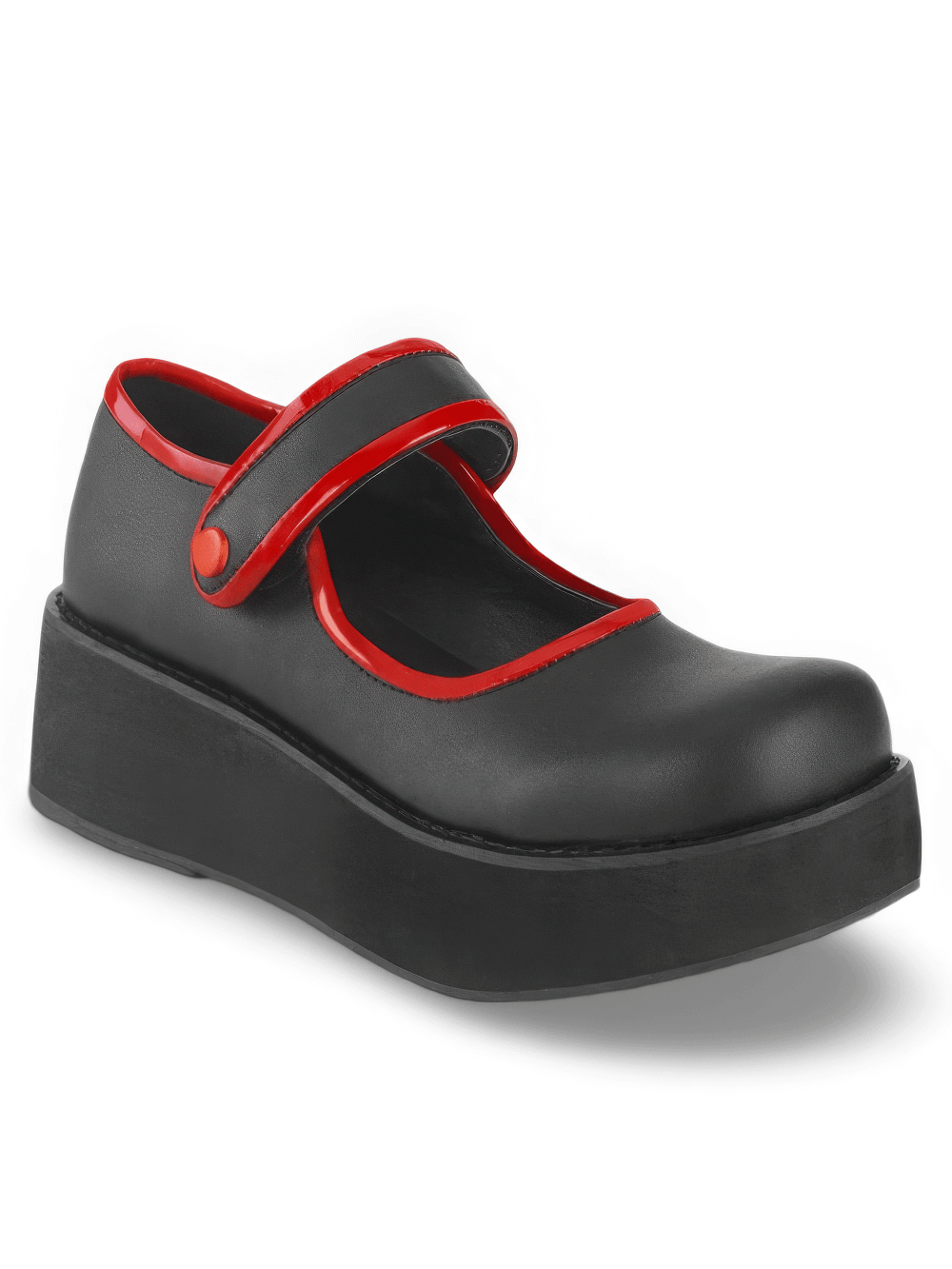Demonia black Mary Jane platform shoes with red contrast piping and button detail, stylish and edgy footwear.
