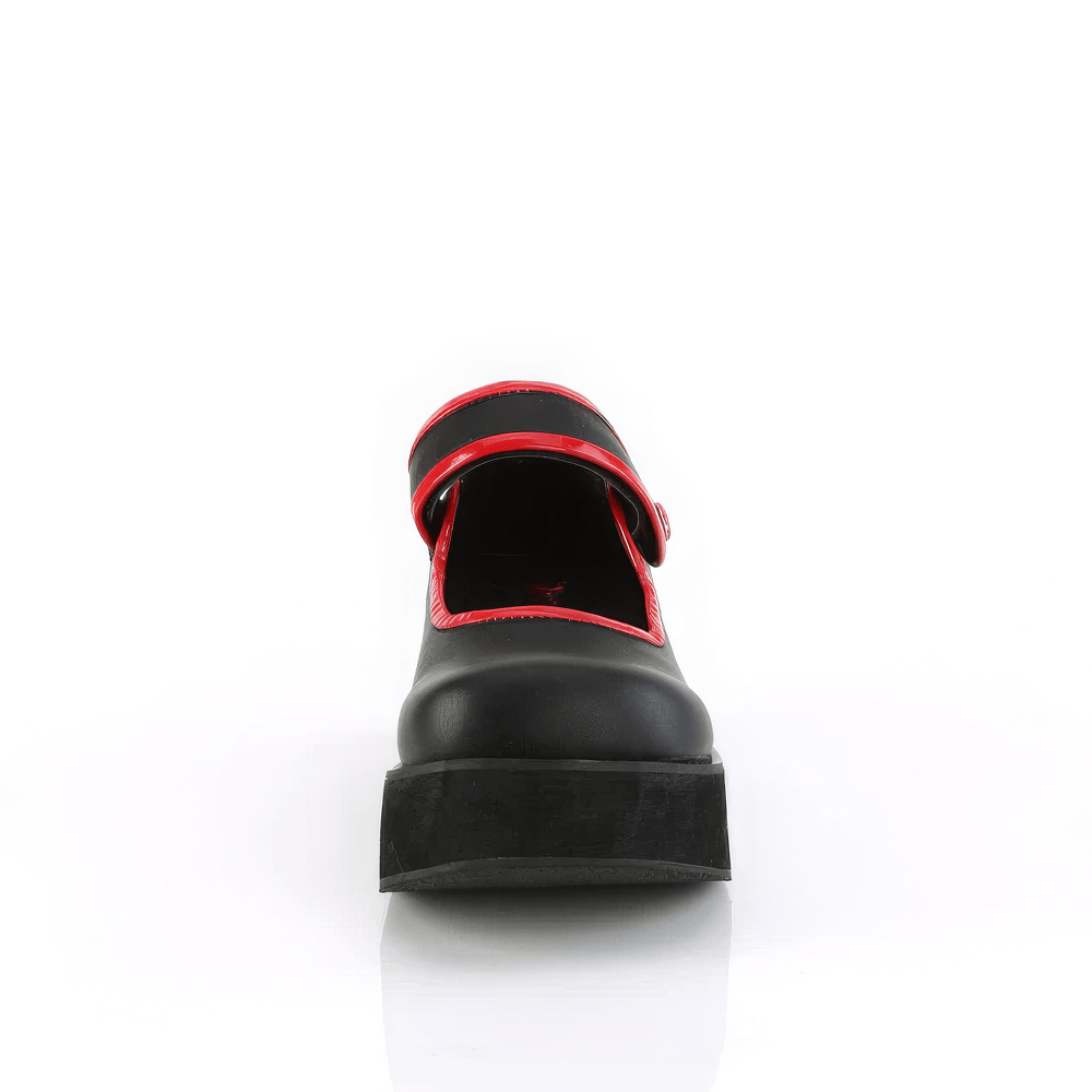 Demonia Black Contrast Piped Mary Jane Platform Shoes featuring a 2 1/4" platform and striking red piping details.