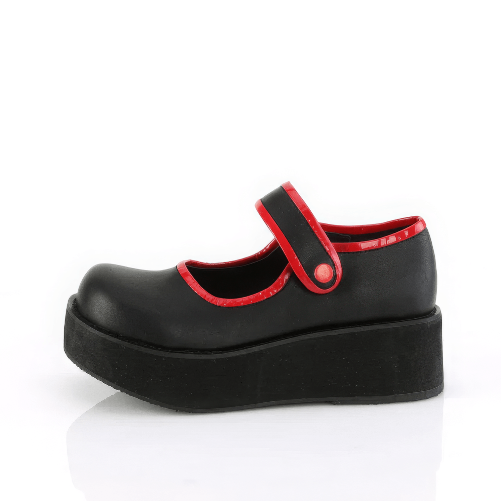 Black Mary Jane platform shoes with red piping and button detail, perfect for a stylish edge.