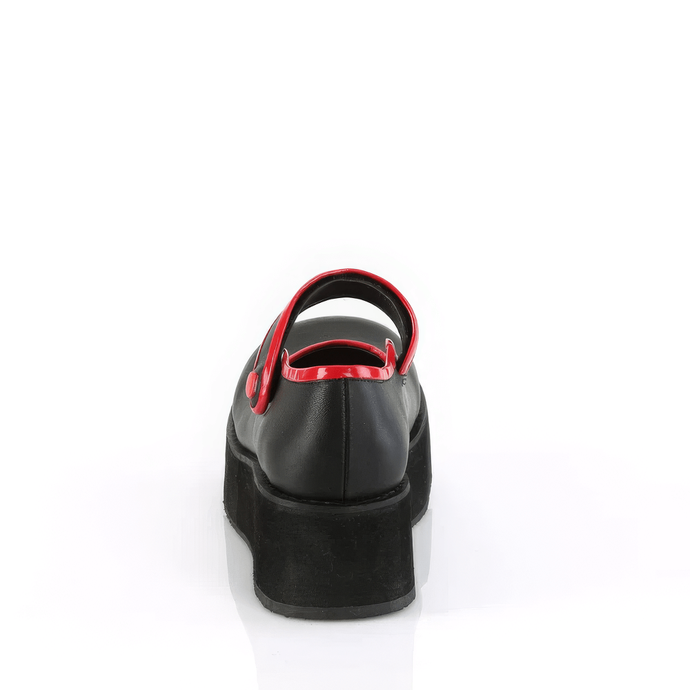 Back view of DEMONIA Black Mary Jane Platform Shoes with striking red contrast piping.