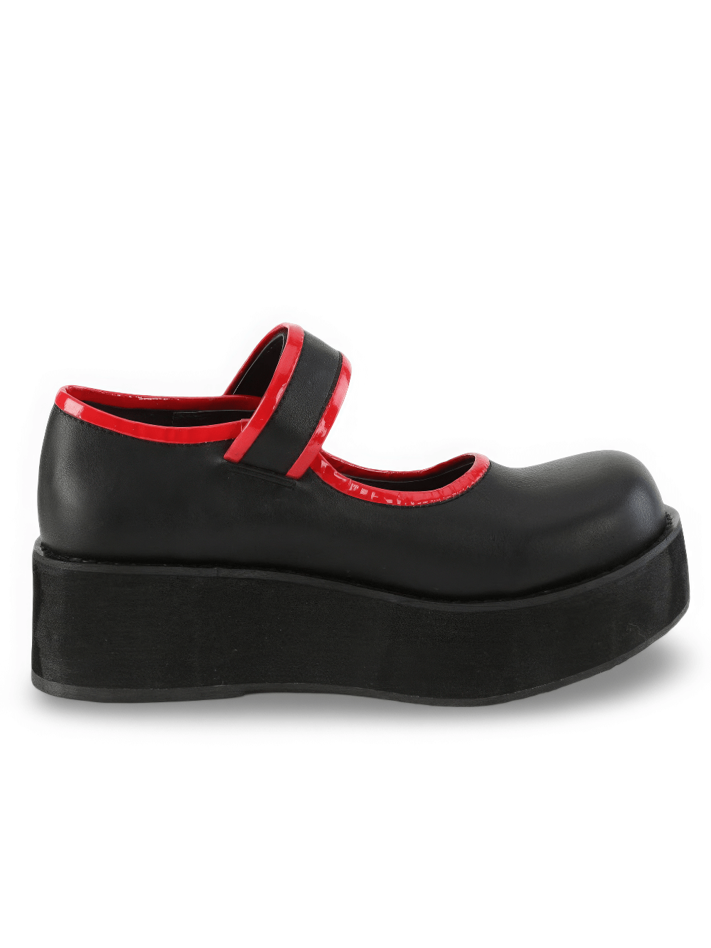 Demonia Black Contrast Piped Mary Jane Platform Shoes with a 2 1/4" platform and vibrant red details.