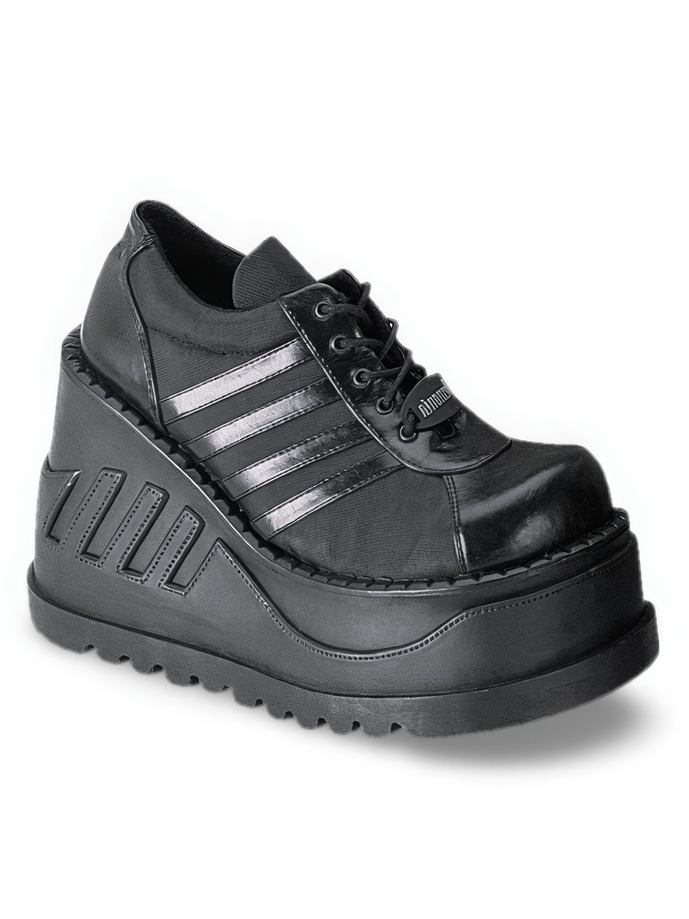 Bold black wedge platform shoes with shiny stripes, ideal for cyber goth style and urban fashion statements.
