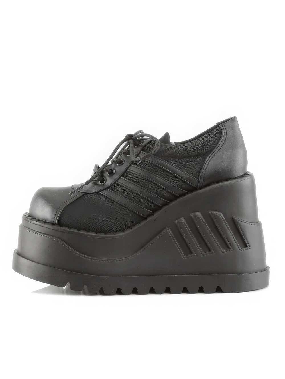 Bold black Cyber Goth wedge shoes with a sleek platform and lace-up design for edgy style.
