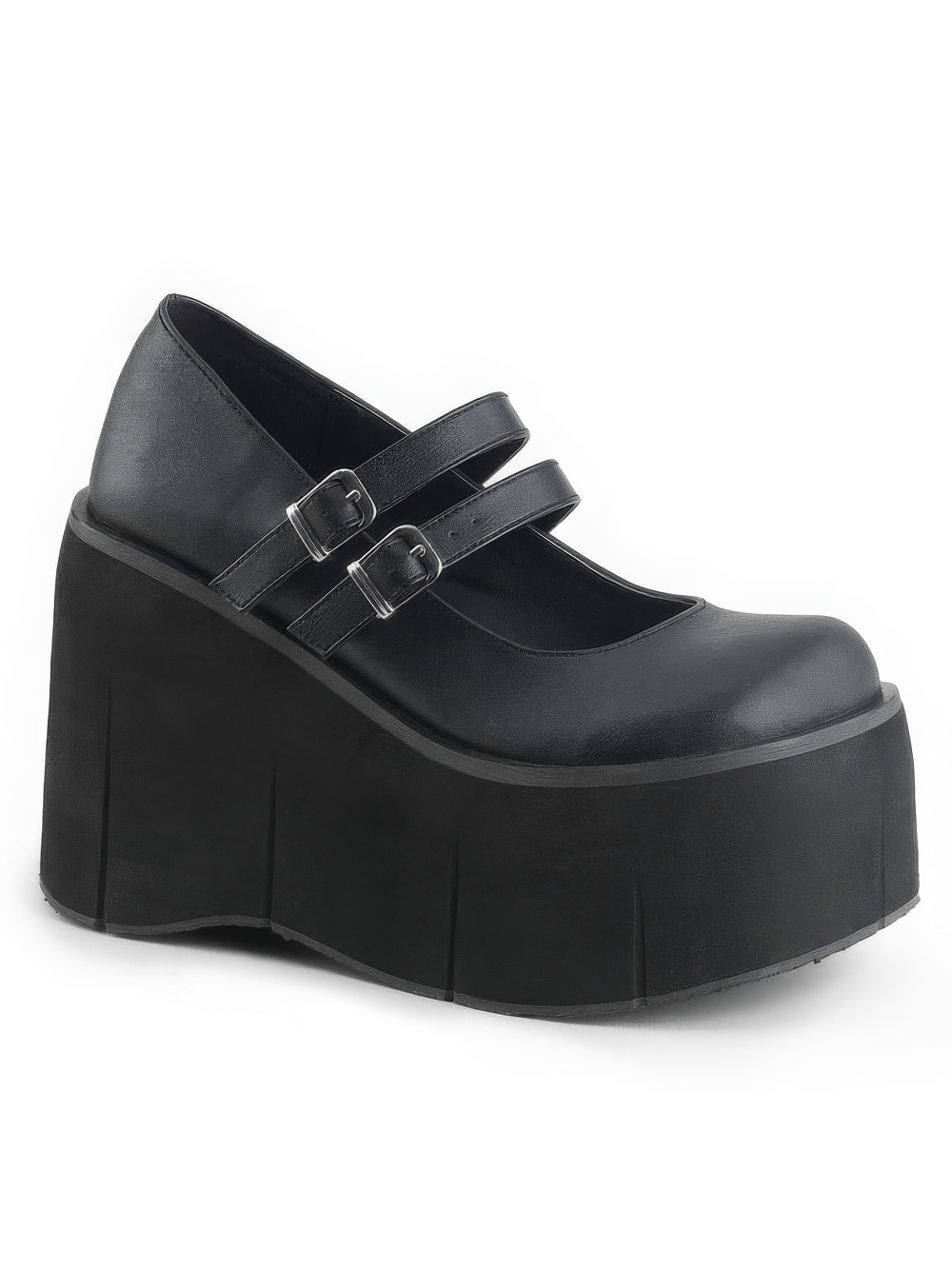 Demonia black double-strap platform Mary Janes with 11.4cm platform for a bold, edgy style.