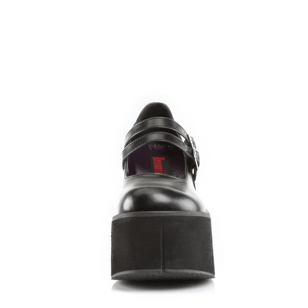 Back view of DEMONIA Black Double-Strap Platform Mary Janes showcasing sleek design and striking 11.4cm platform.