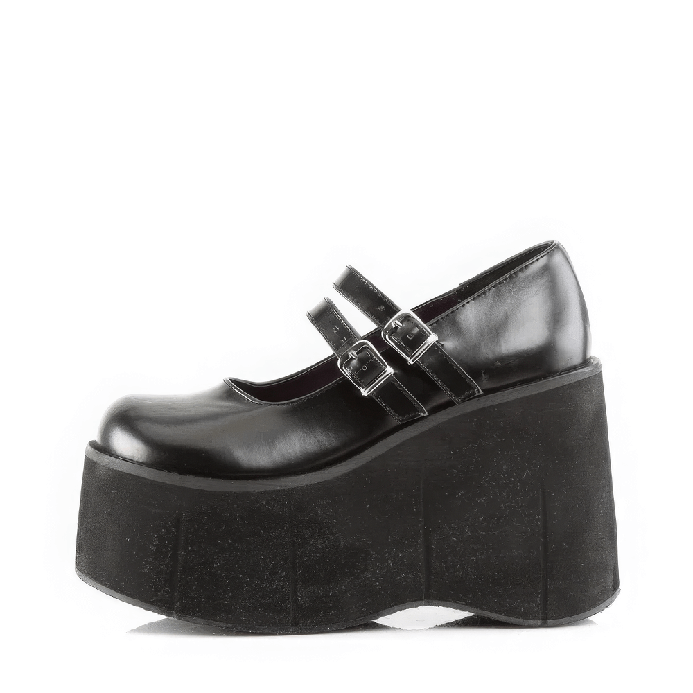 Demonia black double-strap platform Mary Janes with an 11.4cm heel for a bold fashion statement.