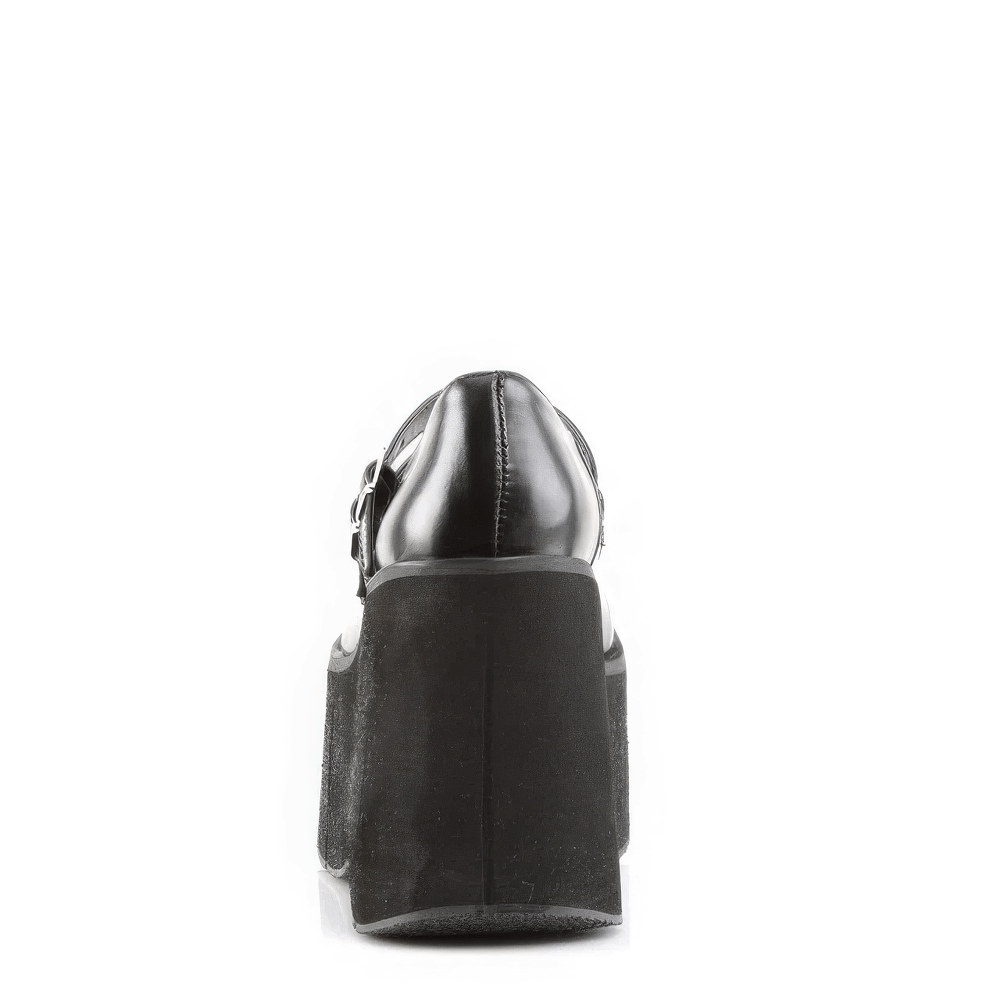 Back view of DEMONIA black double-strap platform Mary Janes showcasing the high heel and edgy design.