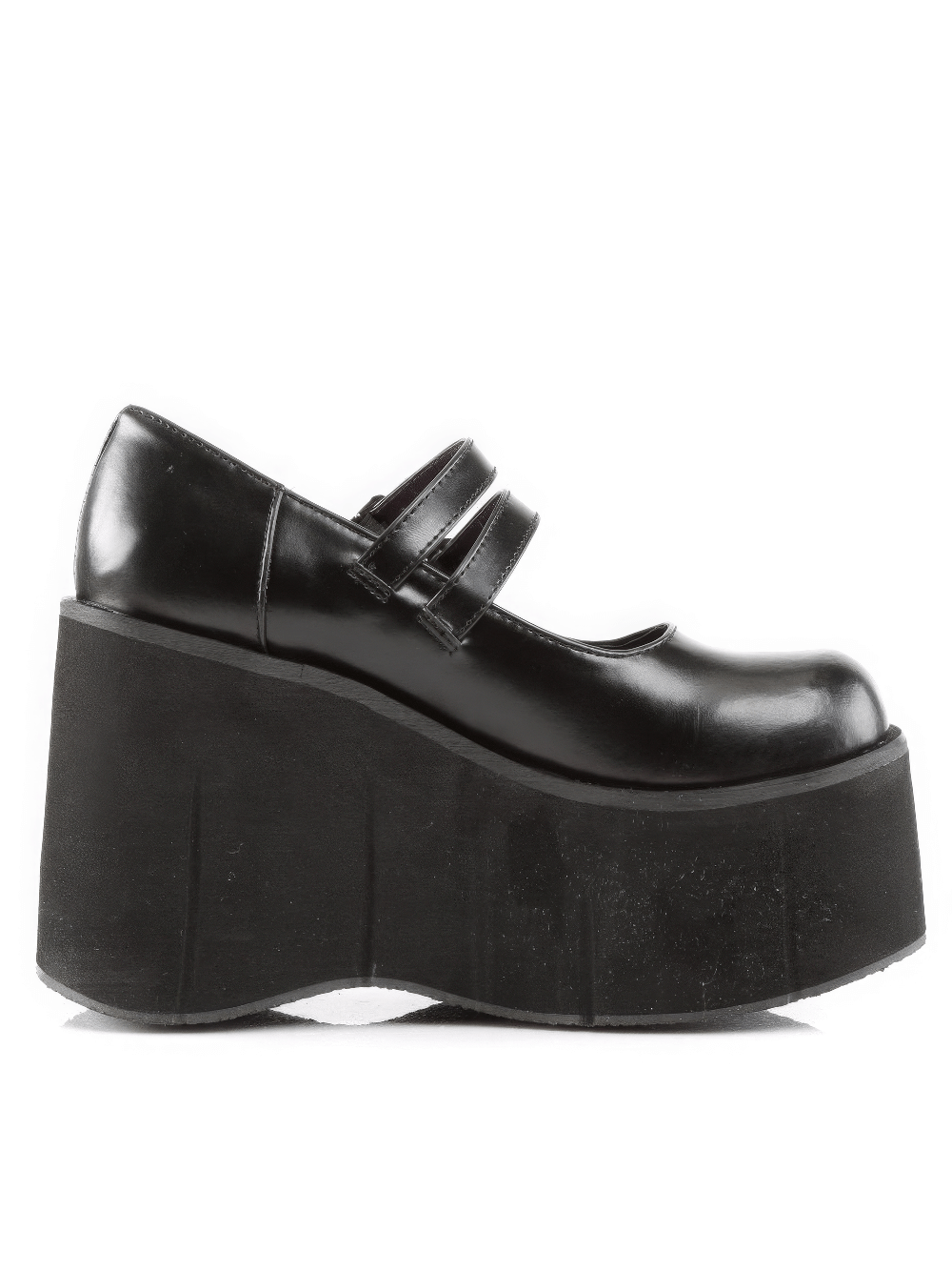 Demonia black double-strap platform Mary Janes with an 11.4cm thick platform for a bold, edgy look.