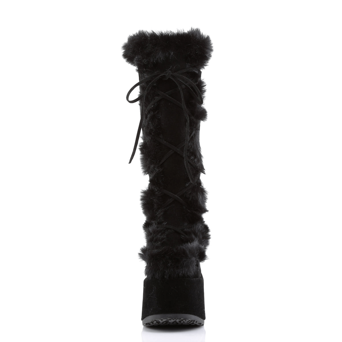 DEMONIA Black Faux Fur Knee-High Boots with Platform Heels