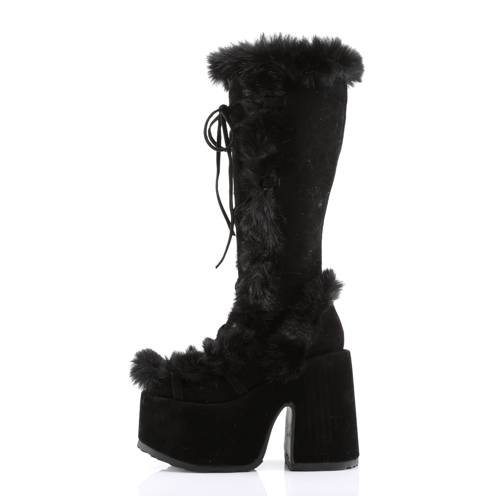 DEMONIA Bottes hauteur genou noires en fausse fourrure avec talons plateforme