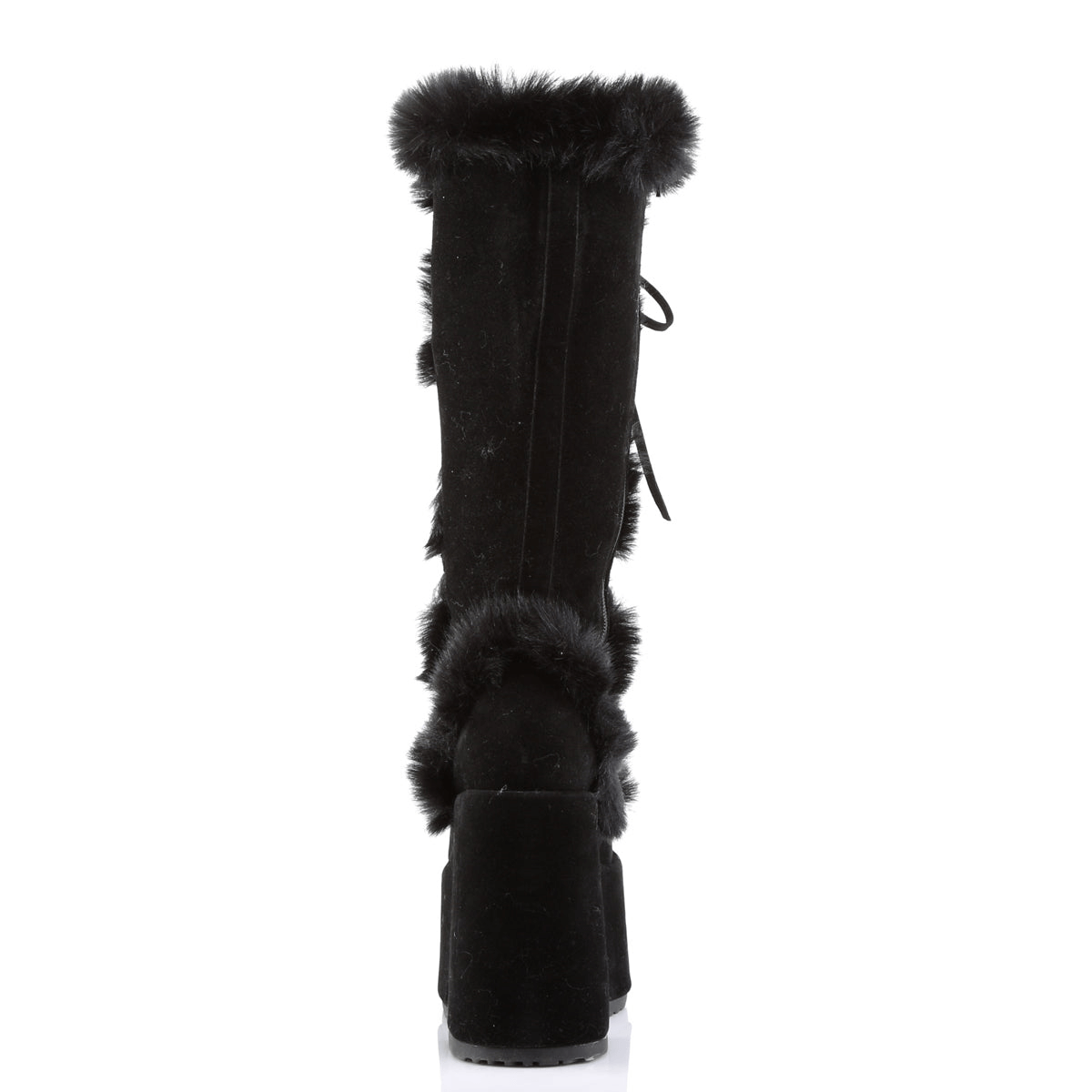 Back view of DEMONIA black faux fur knee-high boots with bold platform heels, perfect for a gothic winter style.