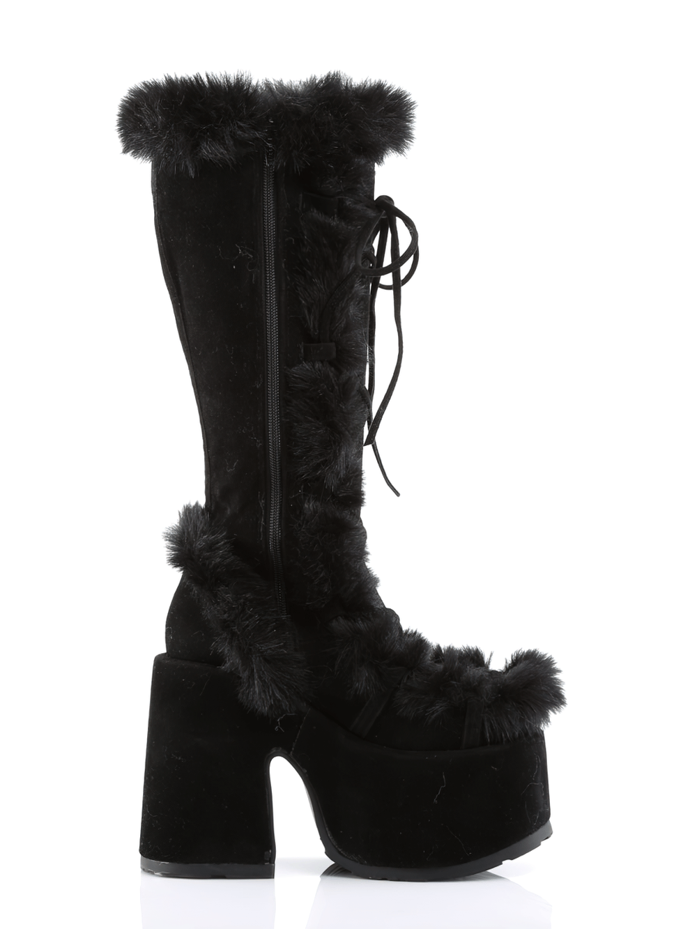 DEMONIA Bottes hauteur genou noires en fausse fourrure avec talons plateforme