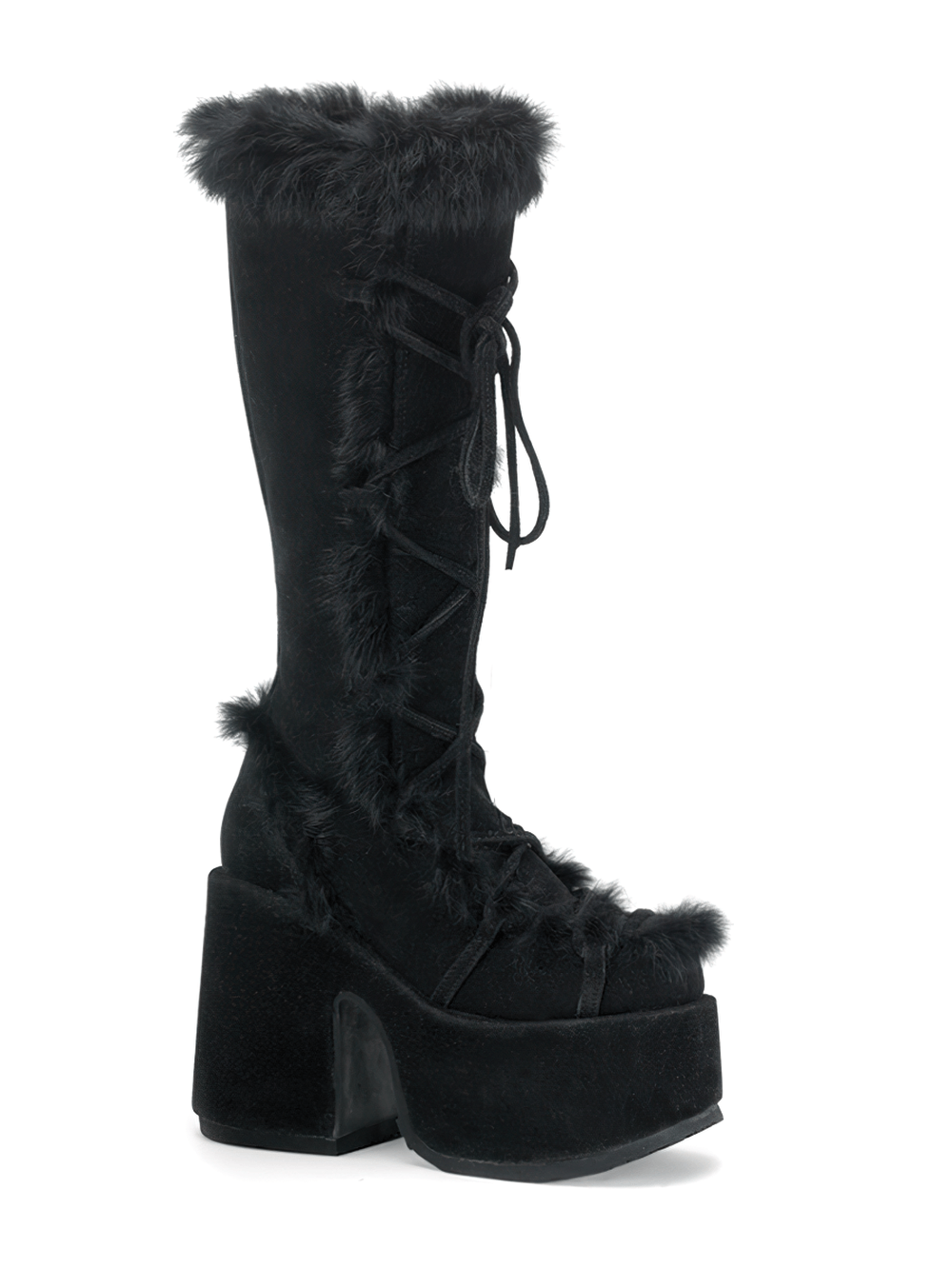 DEMONIA Bottes hauteur genou noires en fausse fourrure avec talons plateforme