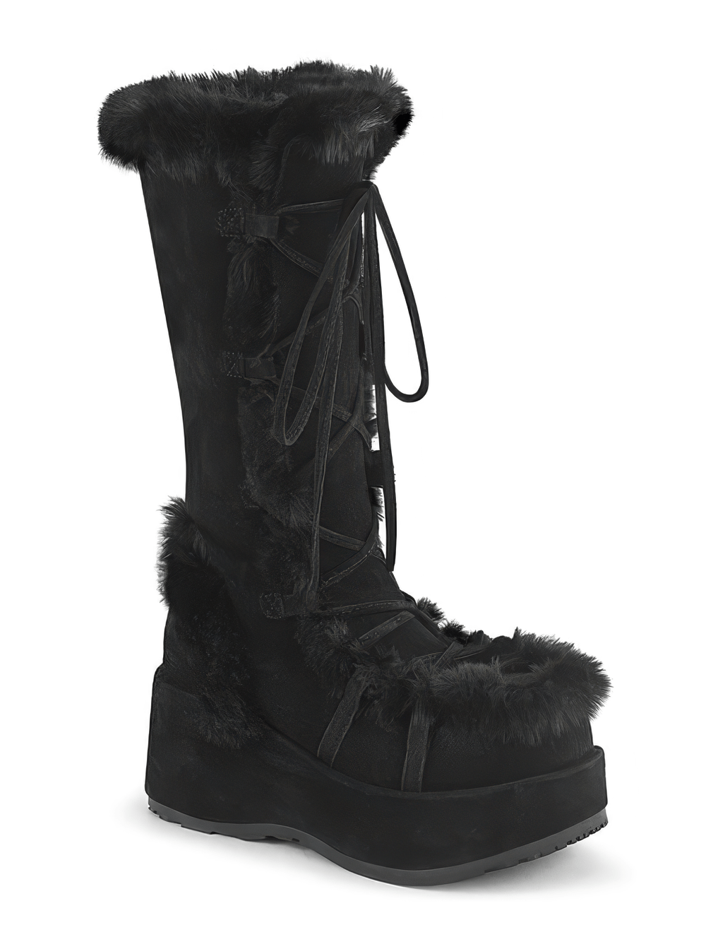 Demonia black faux fur trim mid-calf lace-up platform boots, stylish vegan suede with 2 3/4" platform for a bold look.