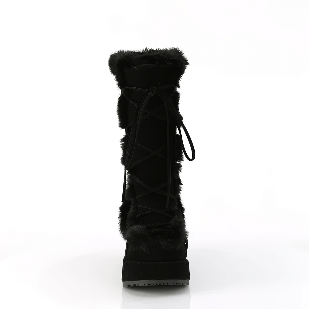 DEMONIA Black Faux Fur Trim Mid-Calf Lace-Up Boots